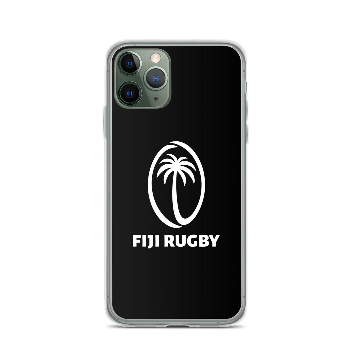 The PF LIC Fiji Case for iPhone SE® features a sleek black design adorned with a white palm tree graphic and the text "Fiji Rugby." Additionally, it is compatible with wireless charging.