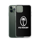 The PF LIC Fiji Case for iPhone® is a green case with a clear, protective design that includes a black background, a white palm tree inside an oval, and the text "Fiji Rugby." It also supports wireless charging.