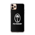 The PF LIC Fiji Case for iPhone® SE is a protective phone case with a black finish, featuring the iconic white "Fiji Rugby" logo and a stylized palm tree within an oval. It is also wireless charging compatible.