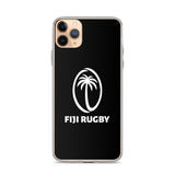 The PF LIC Fiji Case for iPhone® SE is a protective phone case with a black finish, featuring the iconic white "Fiji Rugby" logo and a stylized palm tree within an oval. It is also wireless charging compatible.