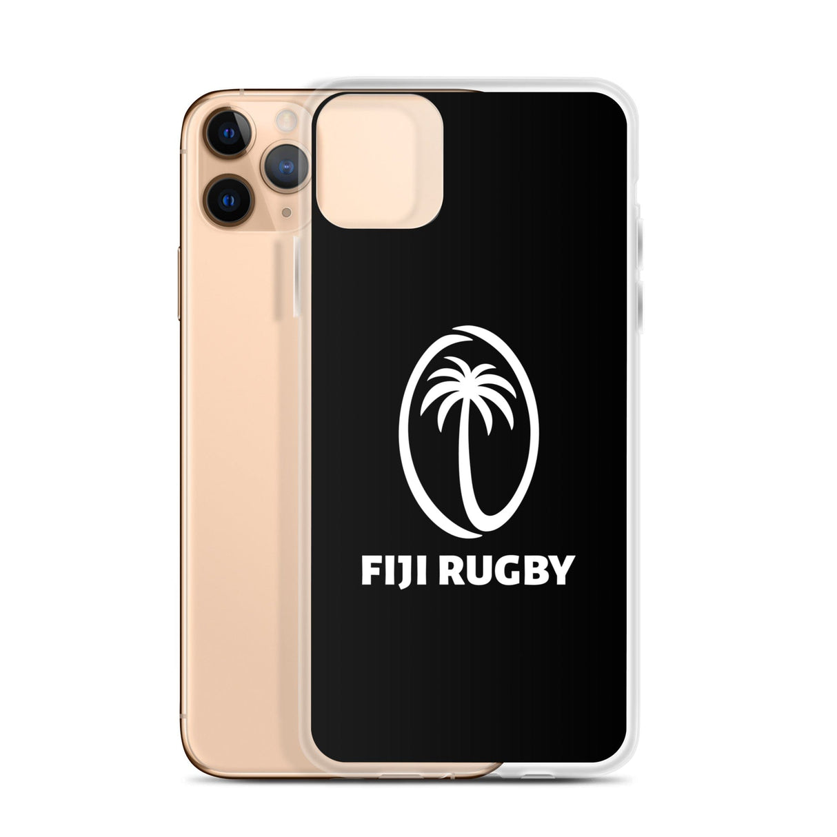 A gold iPhone SE with a black, protective PF LIC Fiji Case for iPhone® featuring a white Fiji Rugby logo with a palm tree on the back, and it is wireless charging compatible.