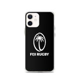 Introducing the Fiji Case for iPhone® by PF LIC: a protective cover specifically designed for your iPhone SE. It features a sleek black background adorned with a white palm tree logo and the text "Fiji Rugby" below it, all while being wireless charging compatible.