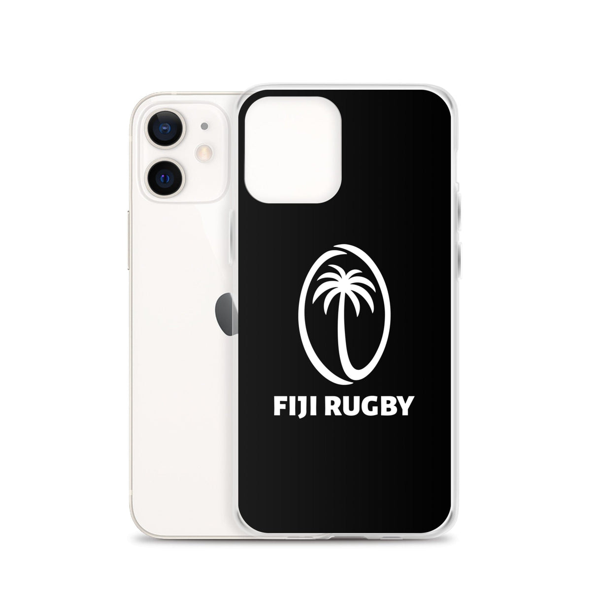 A white iPhone SE with a black Fiji Case for iPhone® featuring a white palm tree logo and the text "FIJI RUGBY," plus it's wireless charging compatible, by PF LIC.