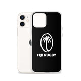 A white iPhone SE with a black Fiji Case for iPhone® featuring a white palm tree logo and the text "FIJI RUGBY," plus it's wireless charging compatible, by PF LIC.