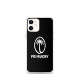 A wireless charging compatible smartphone with the Fiji Case for iPhone® by PF LIC, featuring a black design with a white palm tree and the text "FIJI RUGBY" on the back.