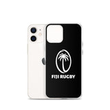 The PF LIC Fiji Case for iPhone® features a sleek, black protective design with the Fiji Rugby logo, showcasing a white palm tree outline over a white oval and text. Displayed on a white smartphone, this case ensures both style and safety while being compatible with wireless charging for your iPhone SE.