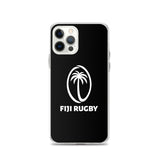 The PF LIC Fiji Case for iPhone® is a protective phone case featuring a black background and a white logo with a palm tree and the text "Fiji Rugby." This clear iPhone SE case is wireless charging compatible, offering both style and convenience.