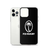 The Fiji Case for iPhone® by PF LIC features a black background with a white palm tree and "Fiji Rugby" logo. This protective phone case, pictured next to a white smartphone, is compatible with wireless charging.