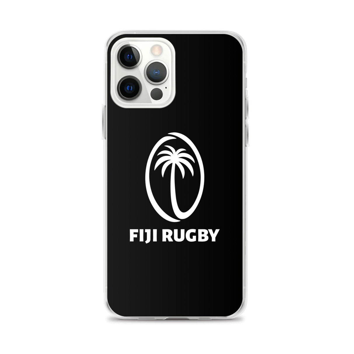 Introducing the PF LIC Fiji Case for iPhone®: a sleek protective phone case with a black background and a white "Fiji Rugby" logo, featuring a palm tree in an oval. This stylish case is also compatible with wireless charging.