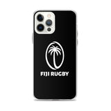 Introducing the PF LIC Fiji Case for iPhone®: a sleek protective phone case with a black background and a white "Fiji Rugby" logo, featuring a palm tree in an oval. This stylish case is also compatible with wireless charging.