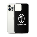 A white smartphone sports a sleek, protective Fiji Case for iPhone® from PF LIC, featuring a black back with a white Fiji Rugby logo and palm tree. This iPhone SE case is also wireless charging compatible for your convenience.