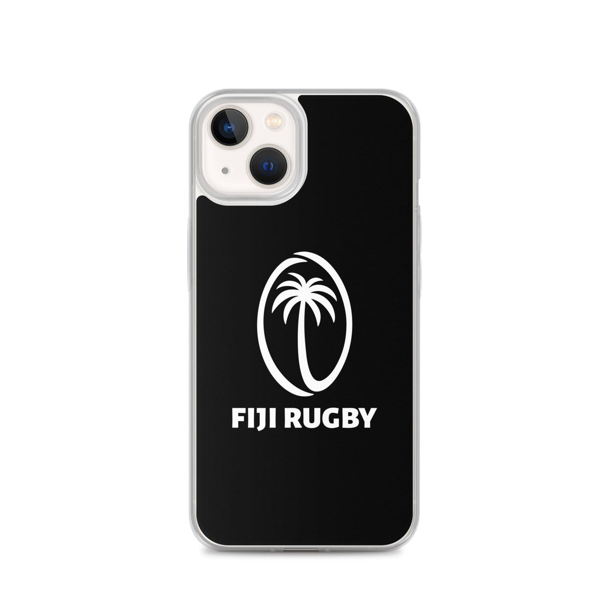 The PF LIC Fiji Case for iPhone® SE features a sleek black finish with a white palm tree logo inside an oval, accompanied by the text "FIJI RUGBY" below. It is also compatible with wireless charging.