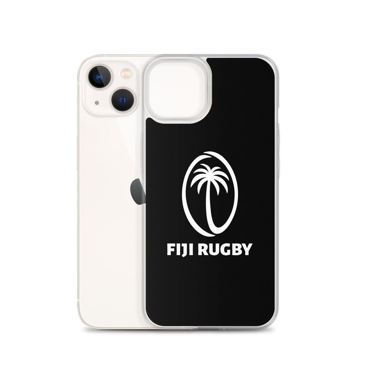 A white iPhone SE with a PF LIC Fiji Case for iPhone® featuring a black background, a white palm tree logo, and the text "FIJI RUGBY" in white. The case is compatible with wireless charging.