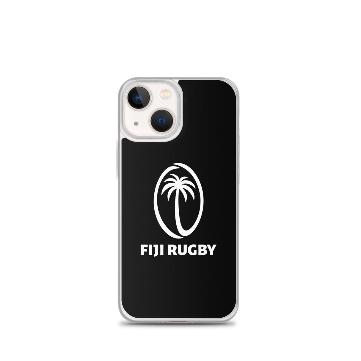 Introducing the Fiji Case for iPhone® by PF LIC: a clear, protective phone case showcasing the Fiji Rugby logo with a stylized palm tree and "Fiji Rugby" text on a black backdrop. This sleek design is wireless charging compatible, making it both functional and stylish for rugby fans.