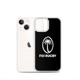 The Fiji Case for iPhone® by PF LIC features a transparent design that reveals a black background with a palm tree logo and the text "Fiji Rugby," offering both style and wireless charging compatibility.