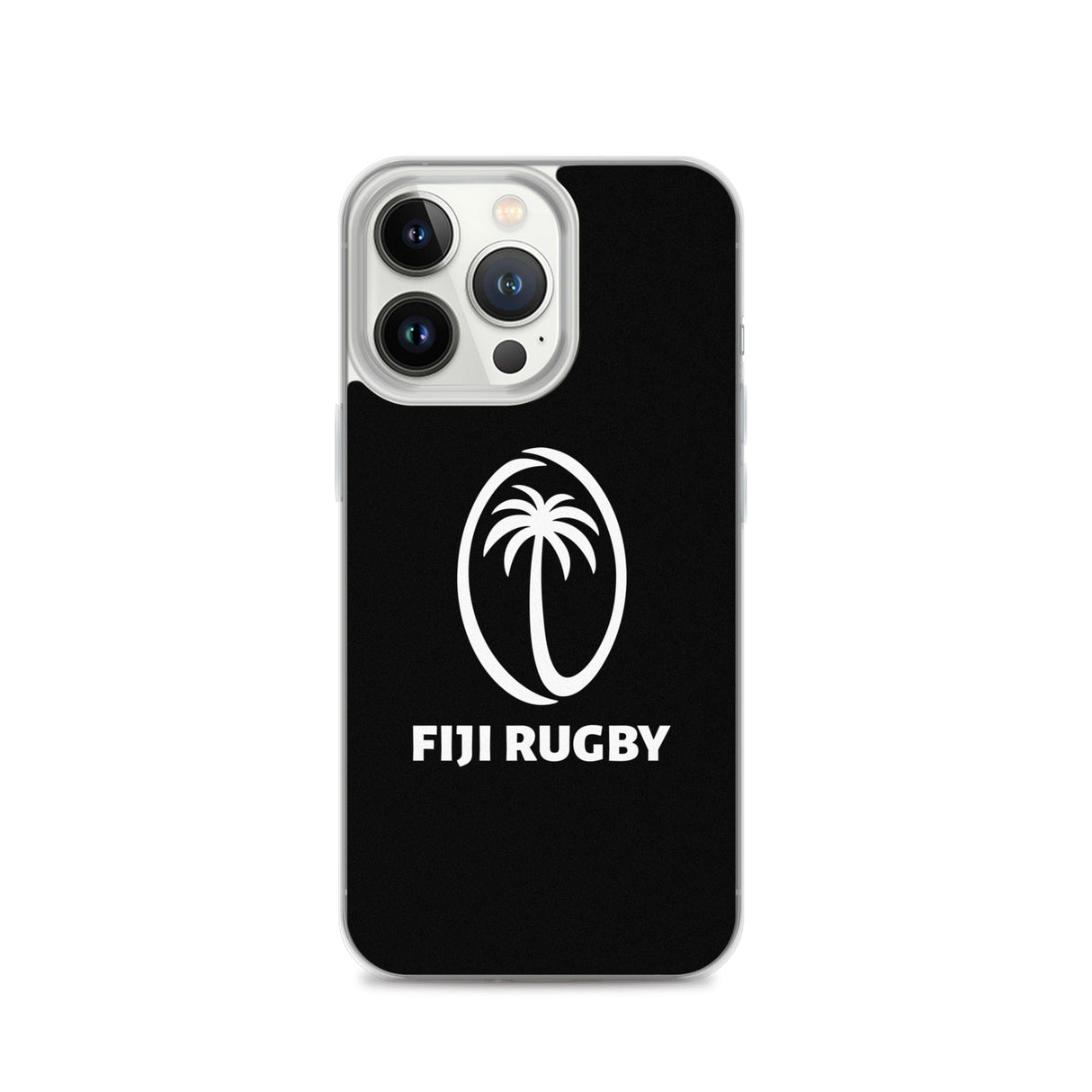 The PF LIC Fiji Case for iPhone®, compatible with iPhone SE and wireless charging, is a black, protective phone case that features a white logo depicting a palm tree inside an oval with the text "Fiji Rugby" below it.