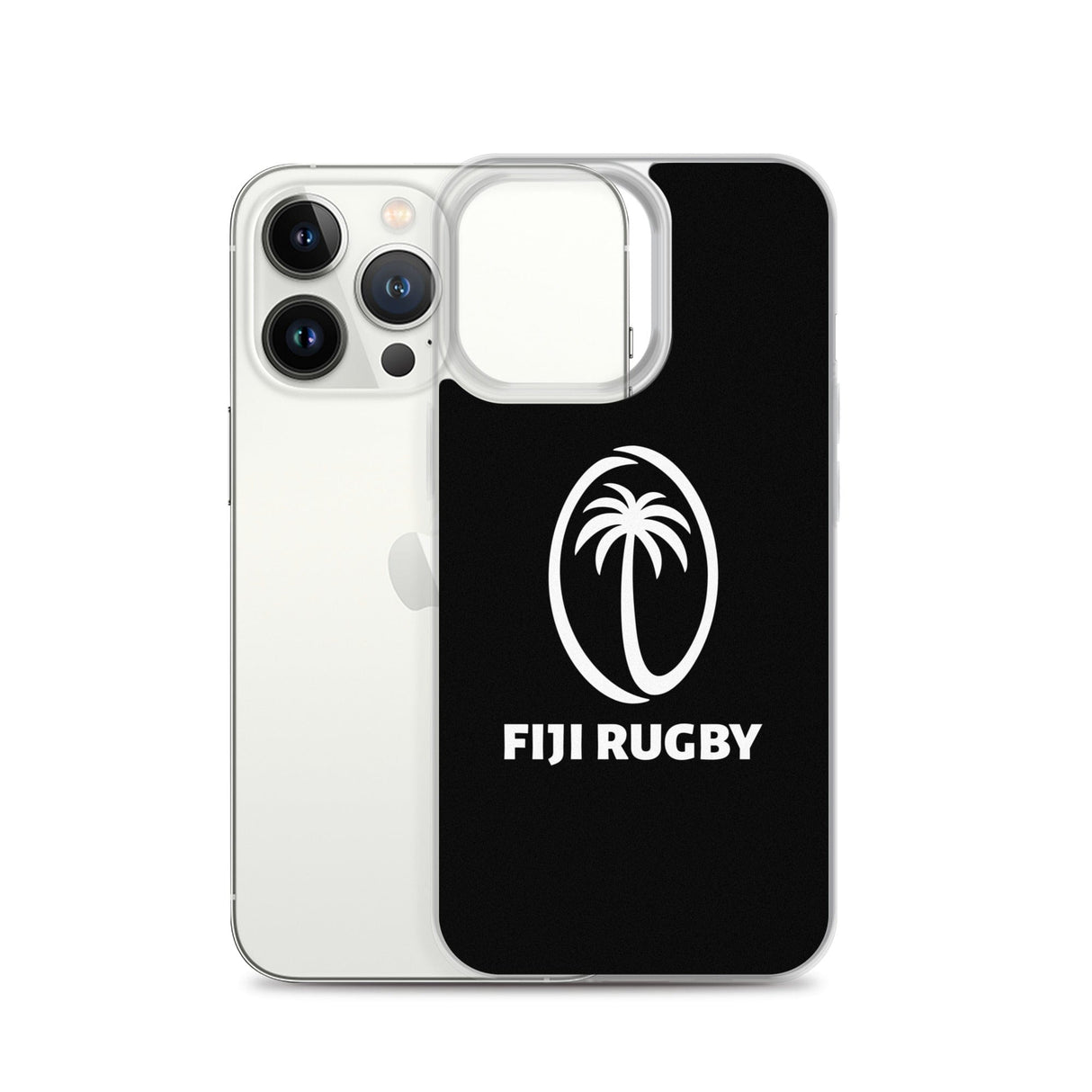 A sleek white iPhone SE fitted with a black PF LIC Fiji Case for iPhone®, featuring a palm tree and the text "Fiji Rugby" in white, and compatible with wireless charging.