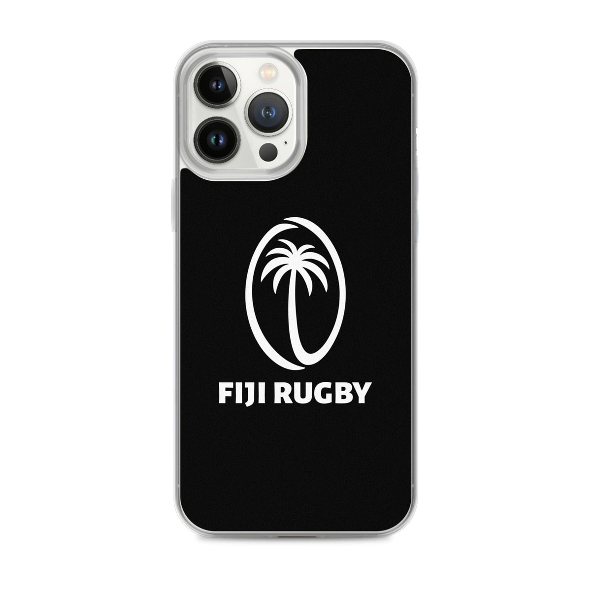 The Fiji Case for iPhone® by PF LIC showcases a transparent, protective phone case adorned with the "FIJI RUGBY" logo, featuring a white oval emblem with a palm tree on a black background. This sleek design is also compatible with wireless charging for added convenience.