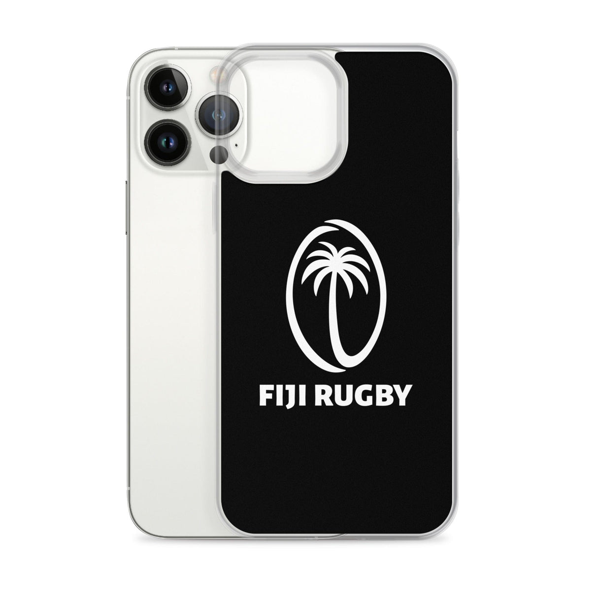 A smartphone showcases a sleek, wireless charging compatible Fiji Case for iPhone® by PF LIC, adorned with a black Fiji Rugby design featuring a white palm tree logo and the text "FIJI RUGBY.