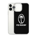 A smartphone showcases a sleek, wireless charging compatible Fiji Case for iPhone® by PF LIC, adorned with a black Fiji Rugby design featuring a white palm tree logo and the text "FIJI RUGBY.