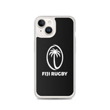 This PF LIC Fiji Case for iPhone® SE features the Fiji Rugby logo in white, highlighting a stylized palm tree within an oval and the text "FIJI RUGBY" beneath it. Additionally, it is compatible with wireless charging.