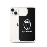 A white smartphone with a black PF LIC Fiji Case for iPhone SE featuring a white palm tree logo, designed as a protective phone case and wireless charging compatible.