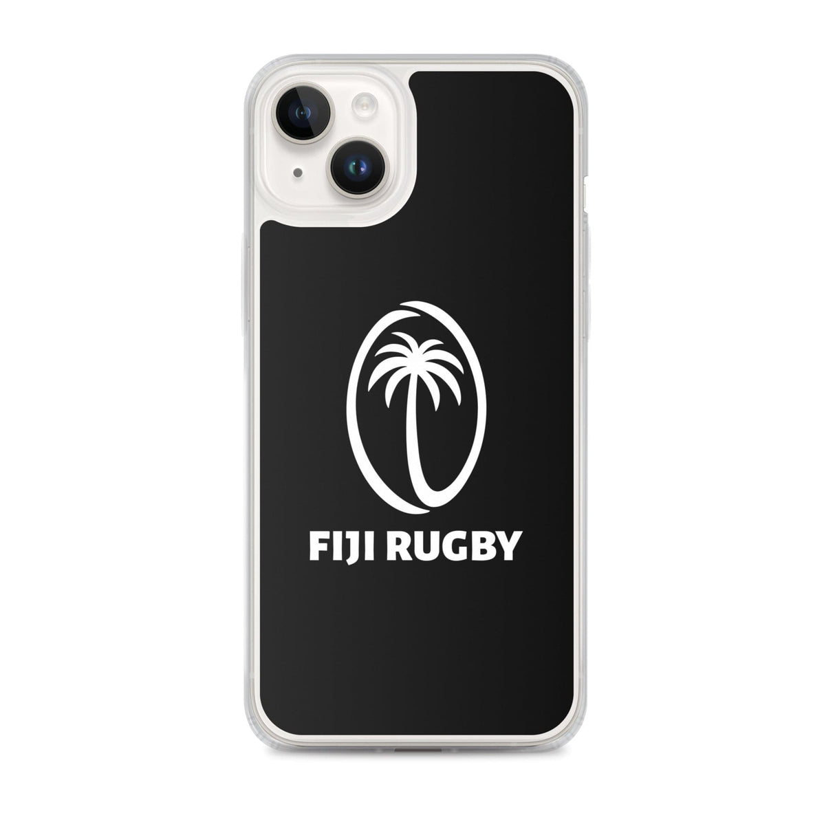 Introducing the PF LIC Fiji Case for iPhone® SE – a protective phone case featuring the iconic Fiji Rugby logo, with a white palm tree enclosed in an oval above the words "FIJI RUGBY." This sleek black case is also compatible with wireless charging.