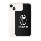 A Fiji Case for iPhone® by PF LIC, featuring a white palm tree inside an oval and the "Fiji Rugby" text below, covers a white iPhone SE with dual cameras. The black protective phone case is compatible with wireless charging.