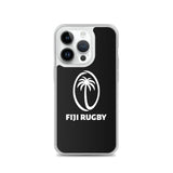 Introducing the PF LIC Fiji Case for iPhone® SE: a stylish and protective phone case featuring a clear design that showcases the white Fiji Rugby logo—a stylized rugby ball with a palm tree in the center—over a black background. Plus, it's wireless charging compatible.