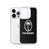 PF LIC Fiji Case for iPhone® features a sleek black background adorned with a white palm tree logo and the text "Fiji Rugby," partially covering a white smartphone. This protective phone case is also compatible with wireless charging.