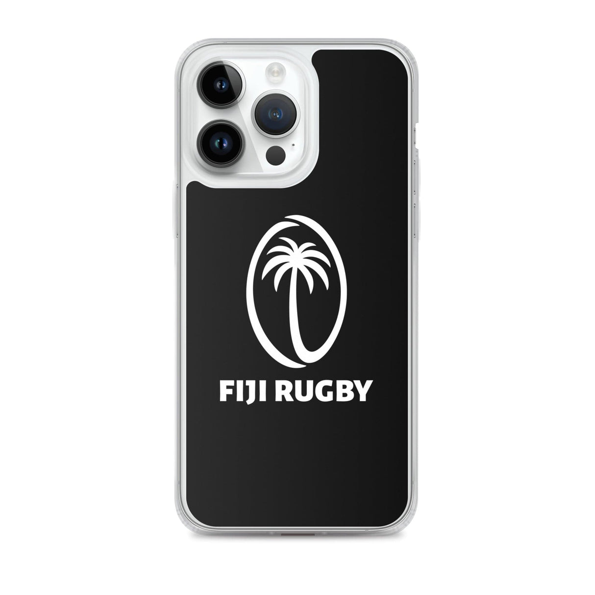 The PF LIC Fiji Case for iPhone® is a clear protective case featuring a black background with a white palm tree logo above the text "Fiji Rugby." It is compatible with wireless charging.