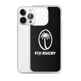 A white smartphone enclosed in the Fiji Case for iPhone® by PF LIC, showcasing a black panel adorned with a palm tree logo and the text "FIJI RUGBY." This transparent, protective case ensures your device remains stylish while being compatible with wireless charging.