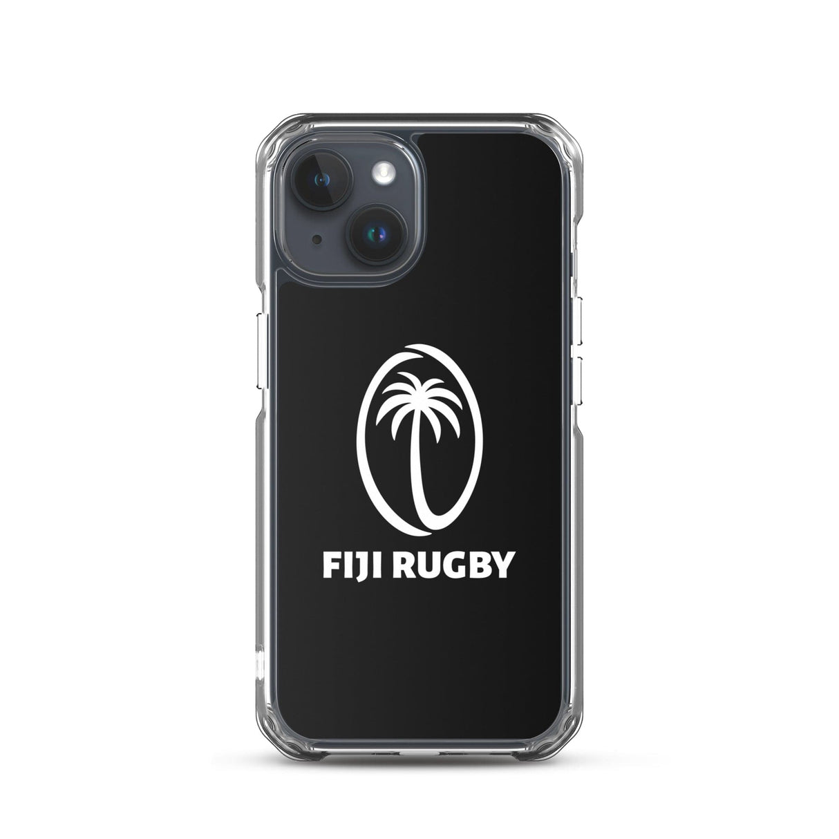 A PF LIC Fiji Case for iPhone® with transparent sides, featuring a stylized palm tree logo and "Fiji Rugby" on a sleek black background. This case is also wireless charging compatible for your convenience.