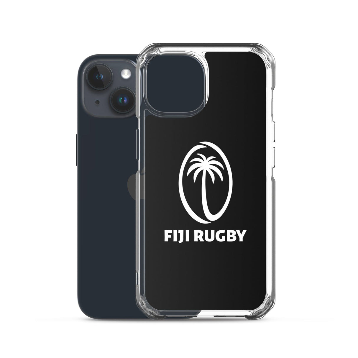 A black smartphone with dual cameras is next to a PF LIC Fiji Case for iPhone®, a clear, protective phone case featuring the Fiji Rugby logo in white along with a palm tree graphic. The case is compatible with wireless charging, making it perfect for modern convenience.