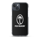 The Fiji Case for iPhone® by PF LIC is a black protective phone case with a transparent border, featuring a white logo of a palm tree inside an oval and the text "Fiji Rugby" below it. This case is also compatible with wireless charging.