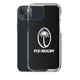 Two smartphones; one has a PF LIC Fiji Case for iPhone® with a black, transparent protective cover, featuring a white logo of a palm tree and the text "Fiji Rugby.