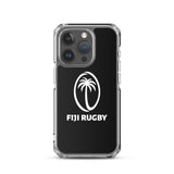 Close-up of an iPhone SE in a PF LIC Fiji Case for iPhone® with a clear design, showcasing a white Fiji Rugby logo on the back. This sleek case is also wireless charging compatible.