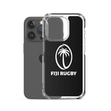 A PF LIC Fiji Case for iPhone®, featuring a protective design with a black "FIJI RUGBY" logo and a white palm tree emblem, specifically designed for the iPhone SE and compatible with wireless charging.