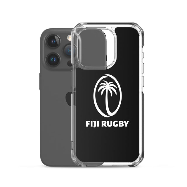 A PF LIC Fiji Case for iPhone®, featuring a protective design with a black "FIJI RUGBY" logo and a white palm tree emblem, specifically designed for the iPhone SE and compatible with wireless charging.