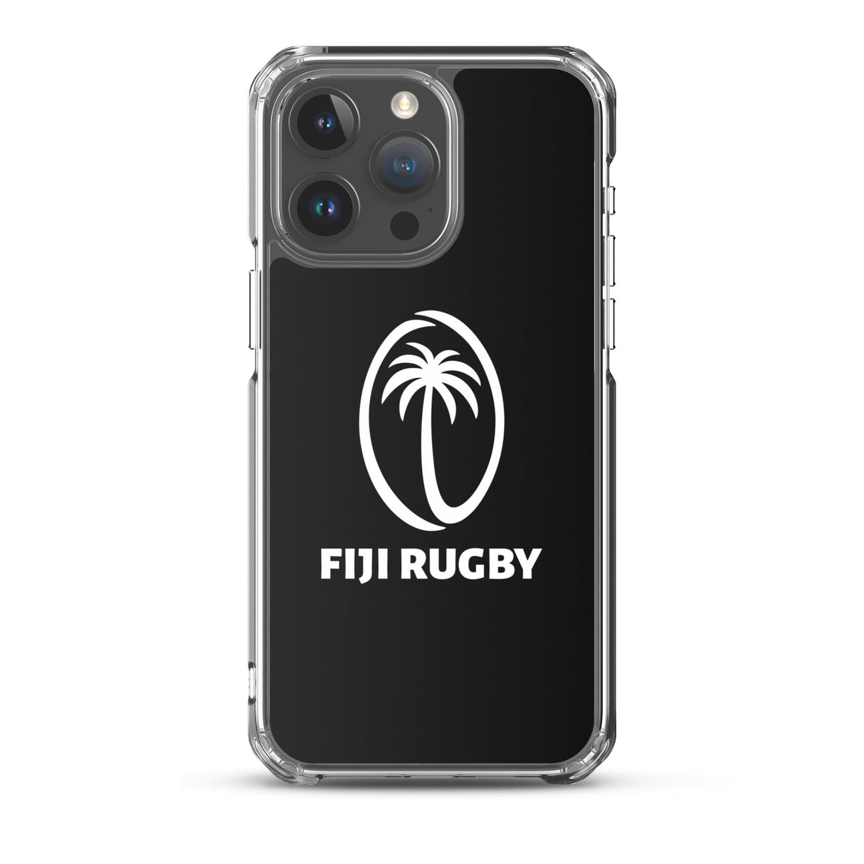 The PF LIC Fiji Case for iPhone® showcases a sleek black back with a white Fiji Rugby logo, featuring a palm tree inside an oval. This clear and wireless charging compatible case is designed specifically for the iPhone SE.