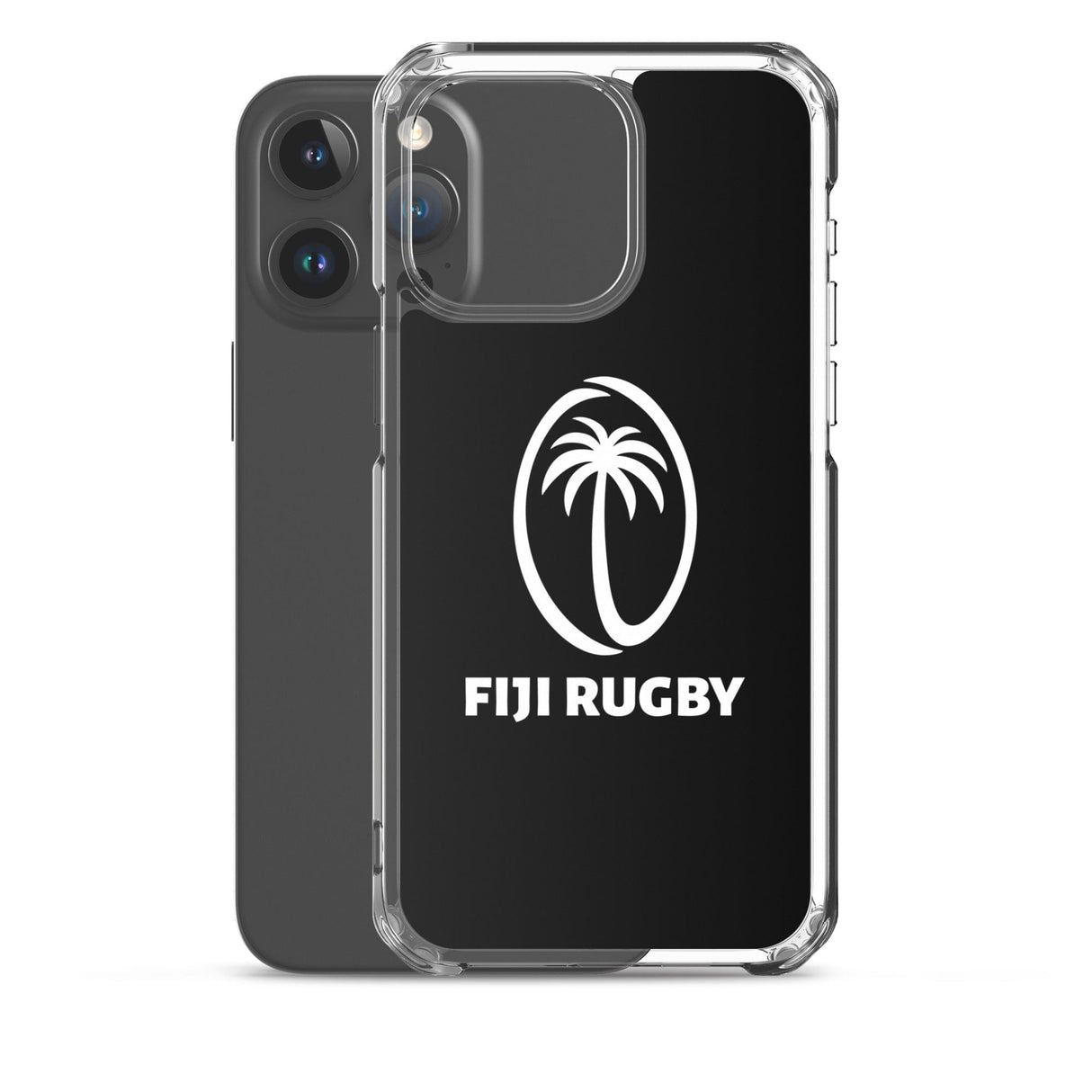 A black iPhone with a clear PF LIC Fiji Case for iPhone® showcasing the Fiji Rugby logo, which includes a stylized rugby ball and palm tree accompanied by the text "Fiji Rugby" below it. This iPhone SE case is also wireless charging compatible.