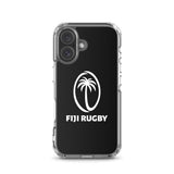 The Fiji Case for iPhone® by PF LIC is a clear protective phone case that features a white "FIJI RUGBY" logo and text against a black background, and it is compatible with wireless charging.