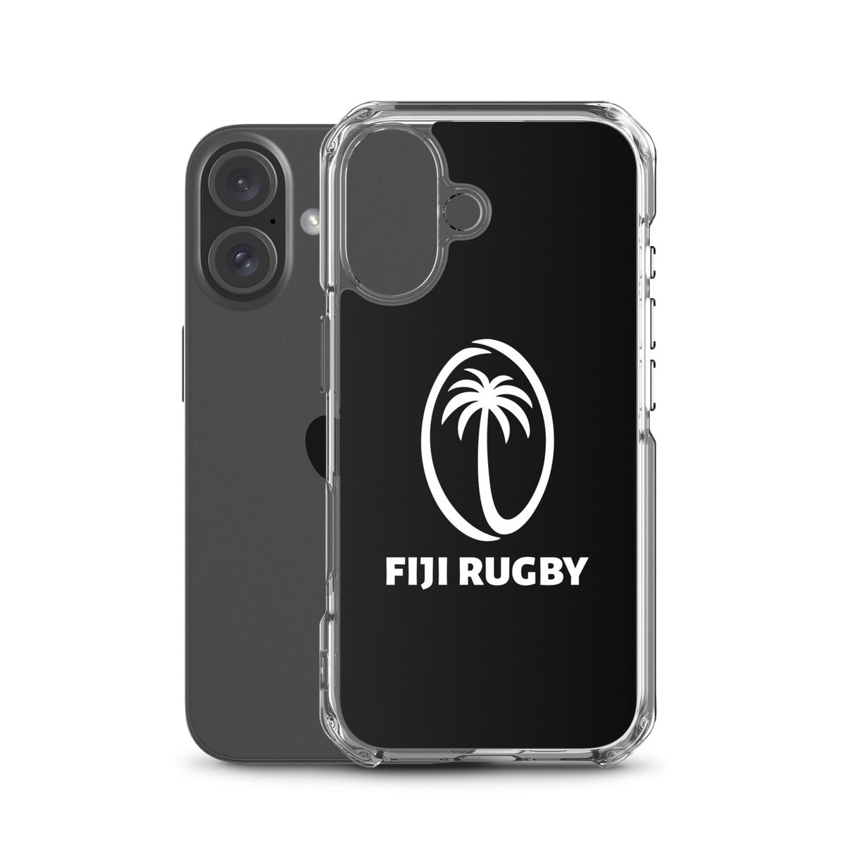 The PF LIC Fiji Case for iPhone®, adorned with the Fiji Rugby logo featuring a white palm tree, is displayed on the back of a black smartphone and is wireless charging compatible.