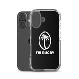 The PF LIC Fiji Case for iPhone®, adorned with the Fiji Rugby logo featuring a white palm tree, is displayed on the back of a black smartphone and is wireless charging compatible.