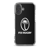 The PF LIC Fiji Case for iPhone® features a black background with the "Fiji Rugby" logo, which includes a stylized white palm tree inside an oval and text below. This protective phone case is also wireless charging compatible.