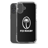 The PF LIC Fiji Case for iPhone® is a black, protective phone case showcasing the Fiji Rugby logo with a palm tree design. This stylish accessory for the iPhone SE is also compatible with wireless charging.