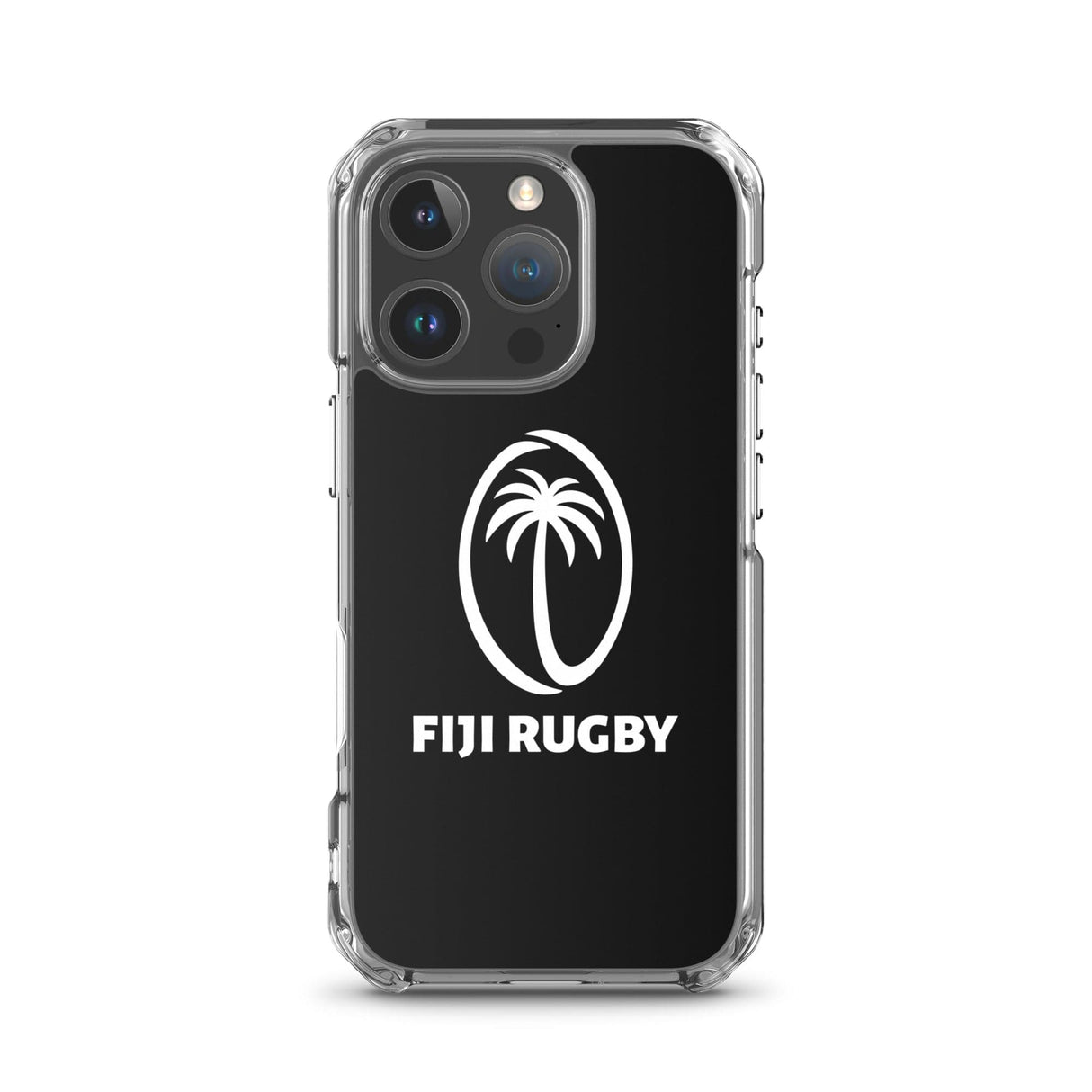 A Fiji Case for iPhone® by PF LIC, designed for the iPhone SE, boasts a sleek, protective build. It features a striking black background adorned with a white palm tree logo and the text "FIJI RUGBY." This stylish case is also compatible with wireless charging.