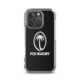 A Fiji Case for iPhone® by PF LIC, designed for the iPhone SE, boasts a sleek, protective build. It features a striking black background adorned with a white palm tree logo and the text "FIJI RUGBY." This stylish case is also compatible with wireless charging.