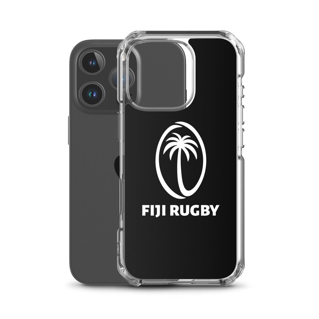 A protective phone case by PF LIC, named the Fiji Case for iPhone®, features a black exterior with a white "Fiji Rugby" palm tree logo that fits perfectly on the displayed smartphone. Behind it is another iPhone SE case, which is compatible with wireless charging.