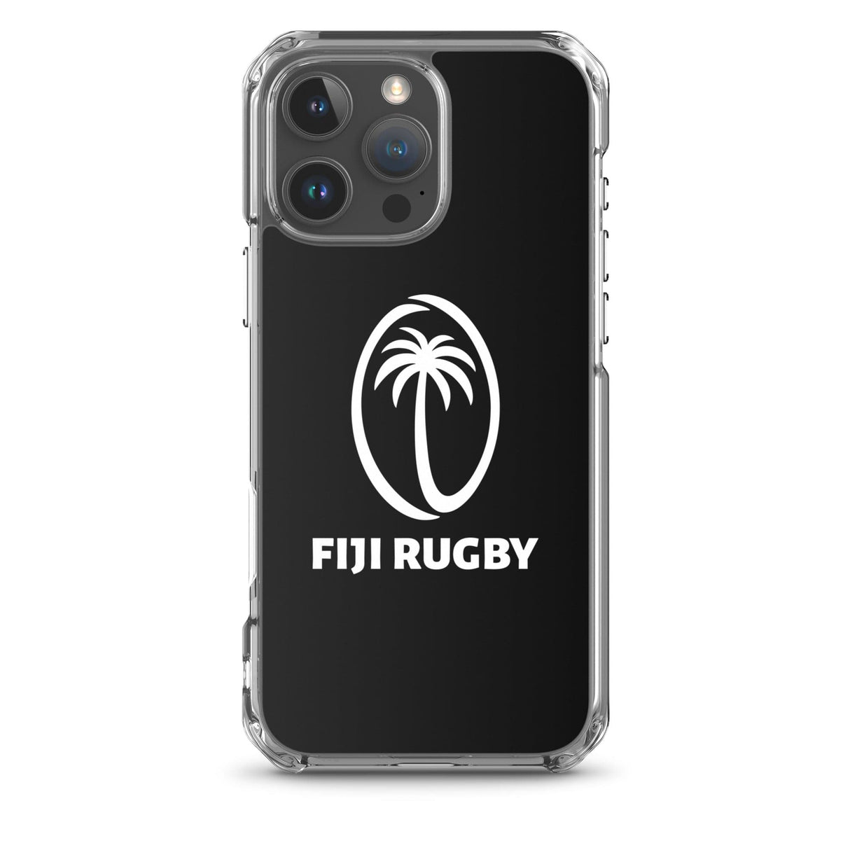 The PF LIC Fiji Case for iPhone® is a protective phone case featuring a black background with a white logo of a palm tree inside an oval above the text "Fiji Rugby," designed for the iPhone SE and compatible with wireless charging.